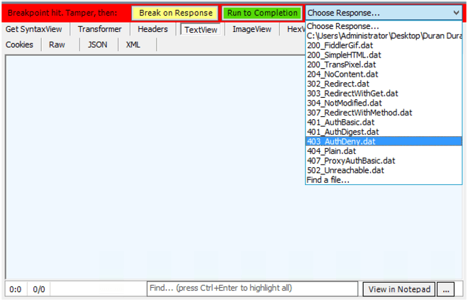 A view of the predefined responses from Fiddler