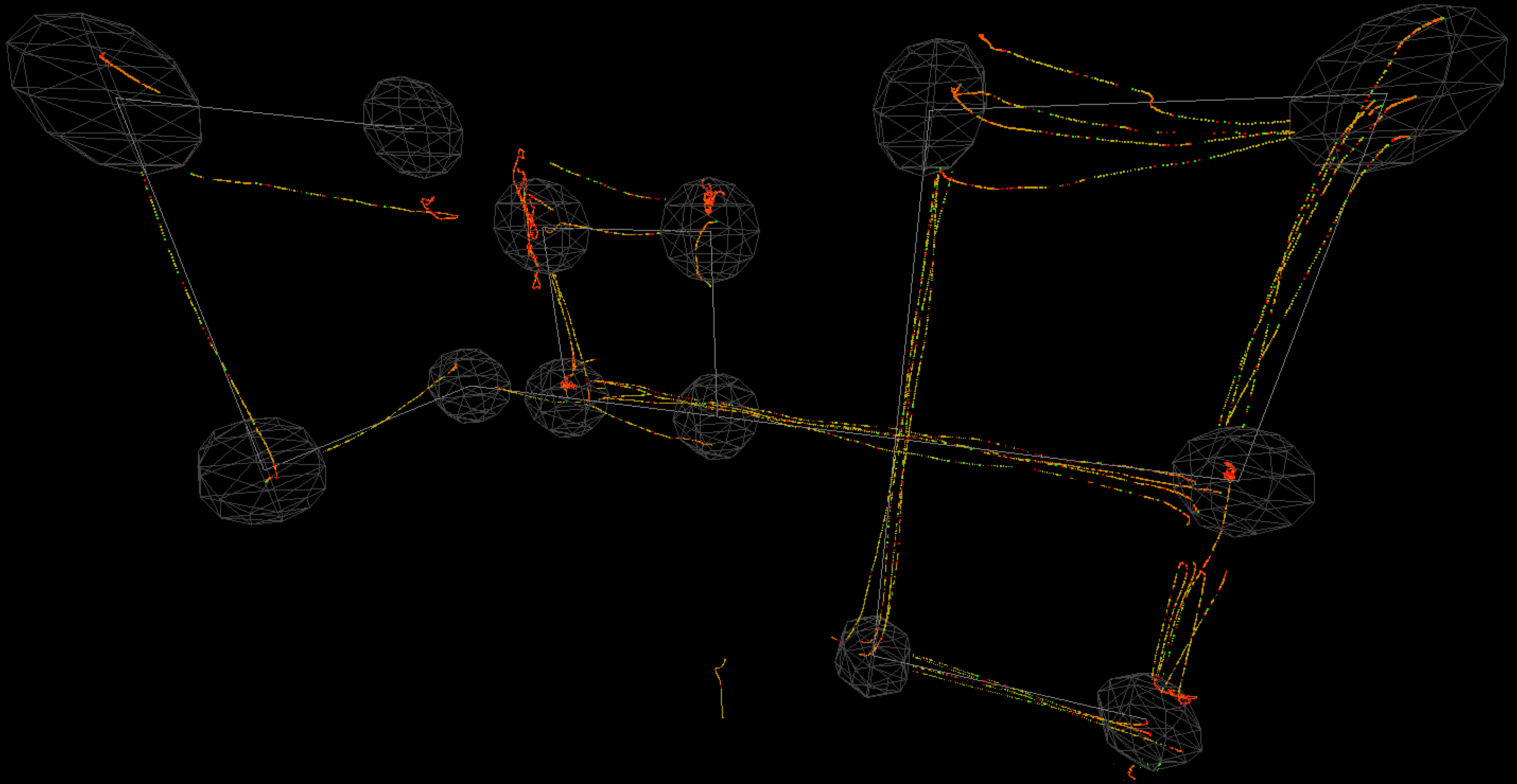 Plotted out flight paths from a drone used in a drone competition
